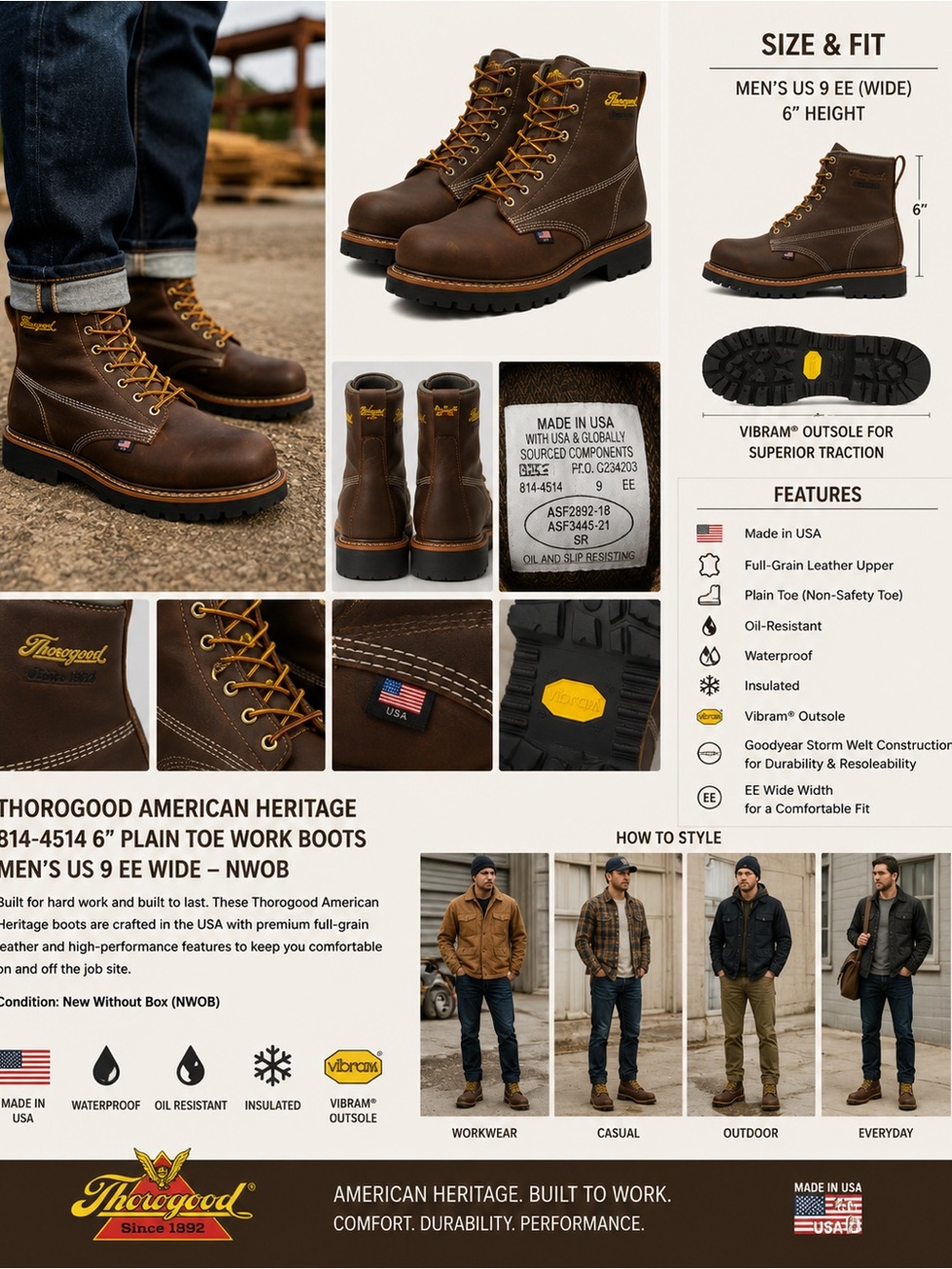Thorogood American Heritage 814-4514 6" Plain Toe Work Boots Men's US 9 EE Wide